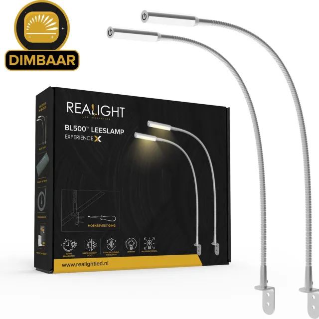 Realight Leeslampje voor in Bed met Dimfunctie - Leeslamp voor Boek - Bedlamp - Nachtlampje - 2 montagegaten - Zilver - 2 stuks 2x Zilver