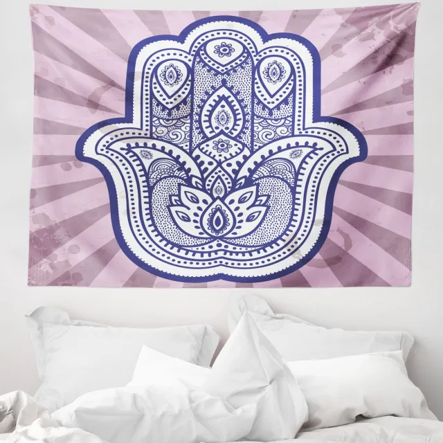 ABAKUHAUS HAMSA Wandtapijt, Handgetekend Turks Paisley Boheems motief op grunge strepen, 150 x 110 cm, Blauw Paars, grijs, violet, blauw