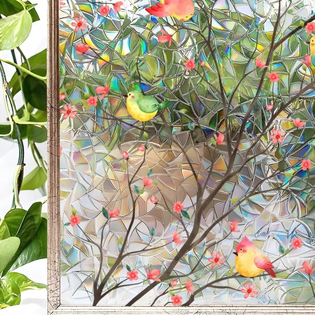Cyslmuk 40x120cm Raamfolie Decoratieve - privacyfolie - voor ramen Niet-klevende vogels Bloemen - Glas-in-lood raamstickers - voor thuis, Kantoor, Woonkamer, Badkamer, Raam, Deurdecoratie