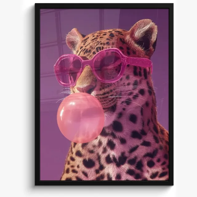 FrameYourWall Poster in lijst - Fotolijst 50x70 cm - Posters - Panter - Zonnebril - Kauwgombel - Roze - Posterlijst zwart - Decoratie - Wanddecoratie woonkamer - Muurdecoratie slaapkamer