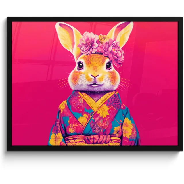 FrameYourWall Poster in lijst - Fotolijst 70x50 cm - Posters - Konijn - Bloemen - Kleurrijk - Kimono - Posterlijst zwart - Decoratie - Wanddecoratie woonkamer - Muurdecoratie slaapkamer