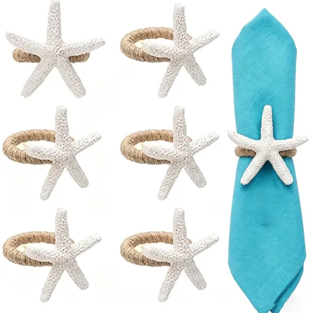 NUVEX Witte en beige servetringen set van 6 stuks – servet ringen met zeester – decoratieve servethouders met gevlochten ring en nautisch zee thema voor diner bruiloft strandfeest verjaardag en tafeldecoratie