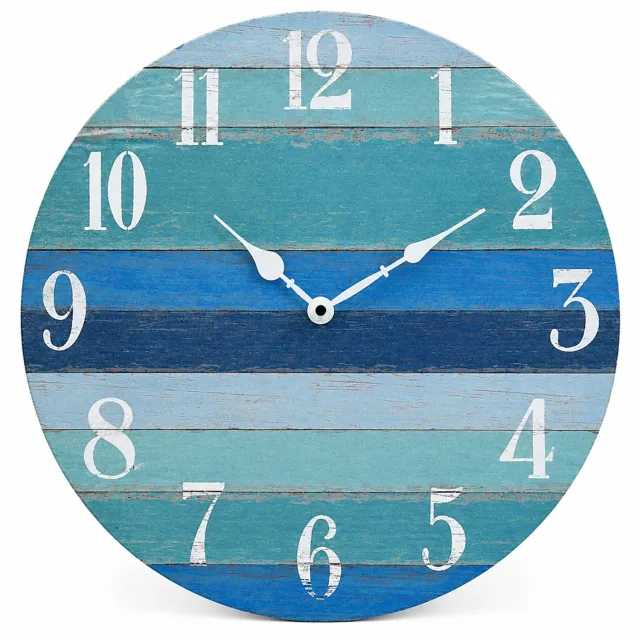 SWGOTA Ronde MDF-wandklok 14 inch - Blauwgroene retrostrepen - Witte cijfers en wijzers - Enkelzijdig