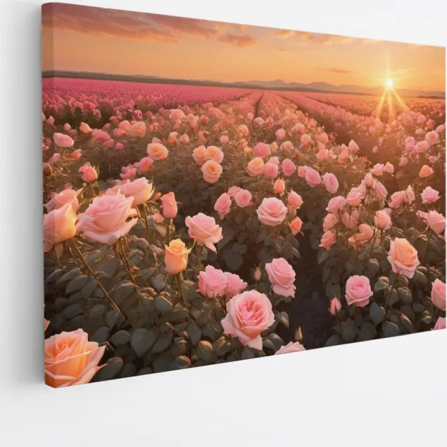 Saammp Canvas Schilderij - Landschap - Roze Bloemenveld - Kleurrijk - 90x60 - Foto op canvas - Wanddecoratie - Muurdecoratie Woonkamer - Slaapkamer decoratie - Canvas Print Multicolor