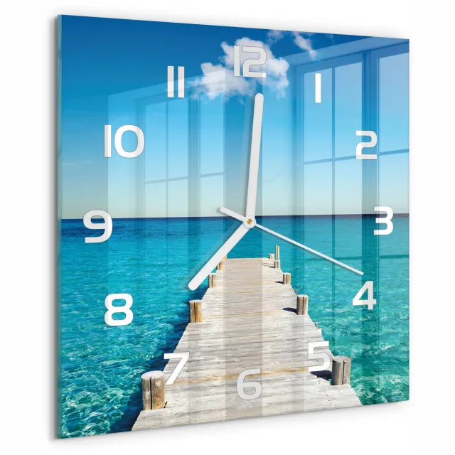 TULUP Wandklok - Houten brug Moderne Wandklok Glas - 30x30 cm - Blauw Wandklok Glas Decoratie - Witte handen - Vierkante Klok - Glazen Wandklok Design - Klok Glas Met Opdruk