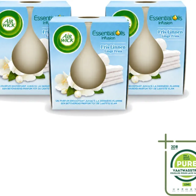 Air Wick 3 x Air Wick – Geurkaars – Fris Linnen met Essentiële Oliën – 105 g - Grootverpakking - Vaatwasstrips - Geurkaars - Fris Linnen - Essentiële Oliën - Sfeer In Huis - Warme Sfeer Wit