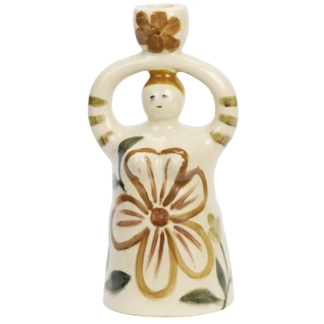 Madam Stoltz aardewerken kandelaar 26 cm - crème/groen/bruin/oker