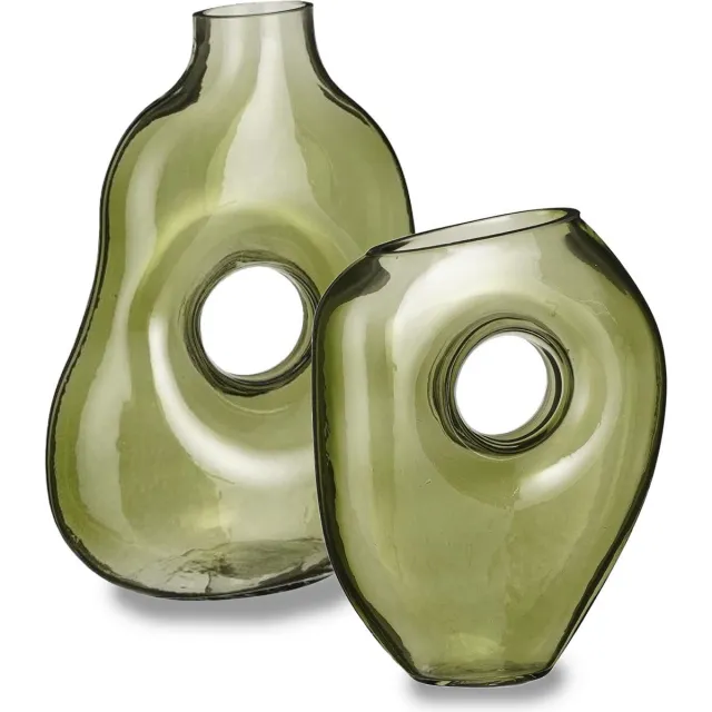 Mica Decorations Bloemenvazen Jay - 2-delig - groen transparant glas - decoratieve vaas