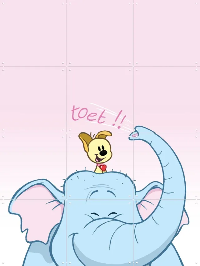 IXXI Pip & de Olifant, Woezel & Pip & Van Hoorne Studios - 60 x 80 cm - Grote wanddecoratie en posters - Illustraties, Speels, Cartoonesk, Kleurrijk Roze / Geel / Blauw