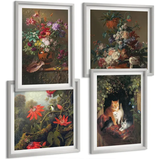 TULUP 4-Delige Schilderij Set - Vintage bloemen, katten en planten in de natuur - 40 x 40 cm en 40 x 60 cm - Wanddecoratie - Woonkamer Decoratie - Decoratieve Schilderijen Zilveren lijst