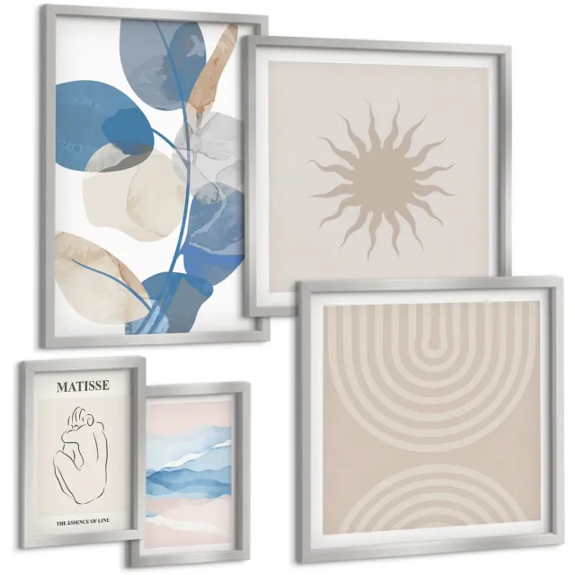TULUP 4-Delige Schilderij Set - Stijlvolle abstracte composities met plantenaccenten - 50 x 50 cm, 20 x 30 cm en 40 x 60 cm - Stijlvolle Muurdecoratie - Slaapkamer - Interieur Decoratie Zilveren lijst