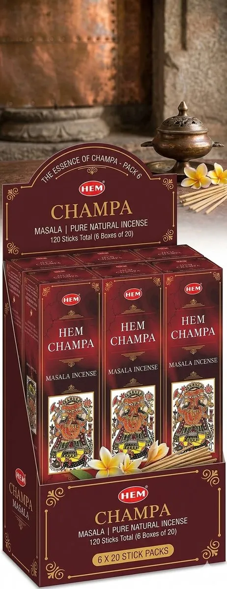HEM Champa Masala Wierookstokjes - Pak van 6 (120 stokjes in totaal) | Natuurlijke aromatherapie voor meditatie, ontspanning, luchtzuivering en een spirituele sfeer Met Kajal Sticker bruin