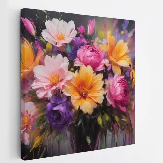 Saammp Canvas Schilderij - Expressieve Bloemen - Kleurrijk- Natuur - Abstract - 60x60 - Foto op canvas - Wanddecoratie - Muurdecoratie Woonkamer - Kantoor Decoratie multicolor