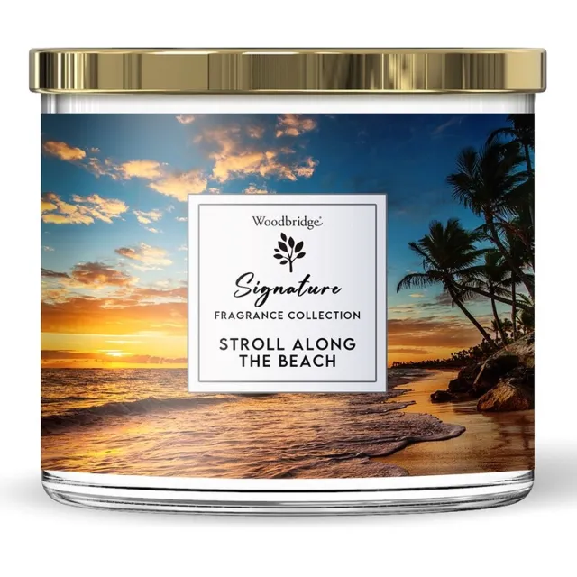 Woodbridge Luxe Geurkaars Met 3 lonten STROLL ON The BEACH - bergamot lavendel geranium gember patchouli Goud Blauw Geel Oranje