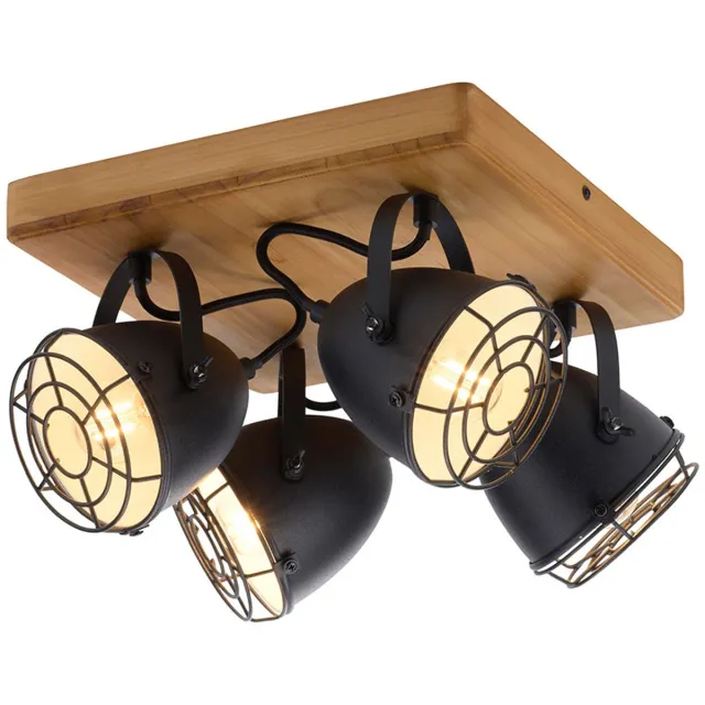 JUST LIGHT Plafondlamp zwart plafondspot 4-lichts woonkamerlamp landhuis houten lamp, zwenkbare spot, mat metaal, 4x E14 fitting, LxBxH 31x31x20 cm