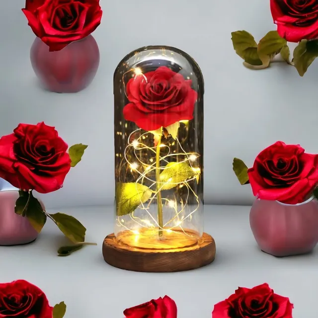 AliRose Luxe Roos in Stolp - Rood met Groen - Houten Basis - LED Roos - Valentijn - Romantiek - Liefde - Amor - Laat Je Liefde Stralen! Rode Roos, groene steel