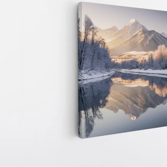 Saammp Canvas Schilderij - Winter Landschap met zonneschijn - Landschap - Natuur - 100x100 - Foto op canvas - Wanddecoratie - Muurdecoratie Woonkamer - Slaapkamer decoratie - Canvas Print Multicolor