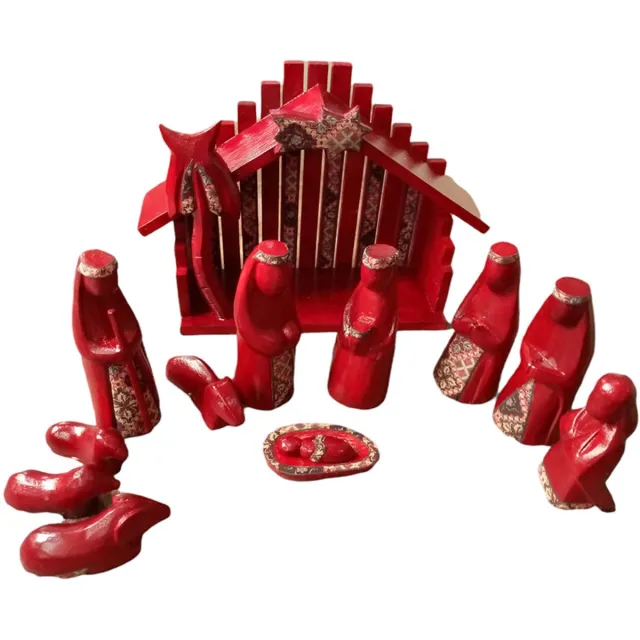 Madat Floz Design houten kerststal uit Indonesië – 11-delige kerstgroep – Fair Trade rood