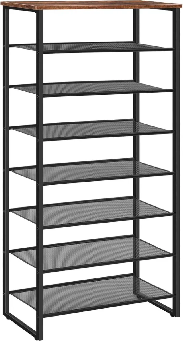 Trankielo Industrieel Schoenenrek – 8 Niveaus – Ruimte voor 21-28 paar schoenen – Rustiek Bruin – Stevig Metalen Frame – Verstelbare Voeten Rustiek Bruin + Zwart