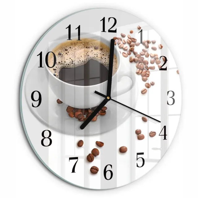 TULUP Wandklok - Koffie Klok Glas Met Opdruk - 30fi cm - Wit Moderne Wandklok Glas - Zwarte Handen - Ronde Wandklok - Wandklok Glas Met Motief - Decoratieve Glazen Klok Wit - Koffie