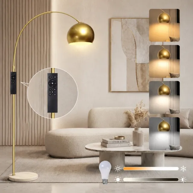 LAPAMAX Hotel chique Vloerlamp – Staande Lamp met 360° Draaibare Metalen Kap – Hoogte Verstelbaar 150–175 cm – Dimbare & Afstandsbediening en Geheugenfunctie – Voor Woonkamer, Slaapkamer en Studeerkamer Goud