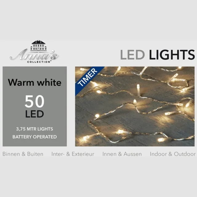 Anna's Collection Kerstverlichting - met timer - 375 cm - Lichtsnoer transparant - met 50 leds - batterij