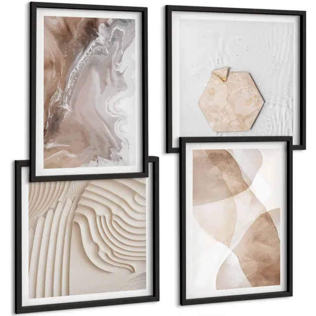 Coloray 4-Delige Schilderij Set - Abstracte Vormen, Geschilderde Structuren In Pastelkleuren. - 40 x 40 cm En 40 x 60 cm - Muurdecoratie - Schilderijen Set - Woonkamer - Moderne Wanddecoratie Zwarte lijst