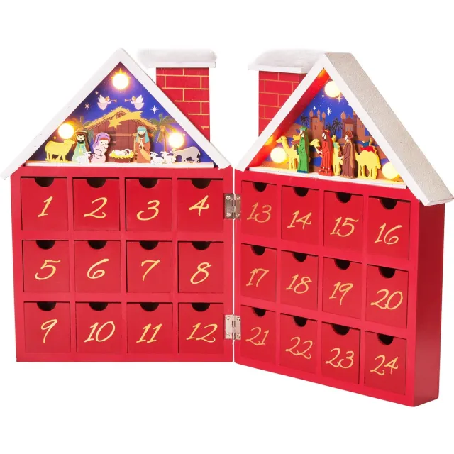 Brubaker Herbruikbare Houten Adventskalender om zelf te vullen - Rood Kersthuis met Kerstspel en LED-verlichting - Doe-het-zelf-kalender 21 x 9 x 30 cm Huis Rood