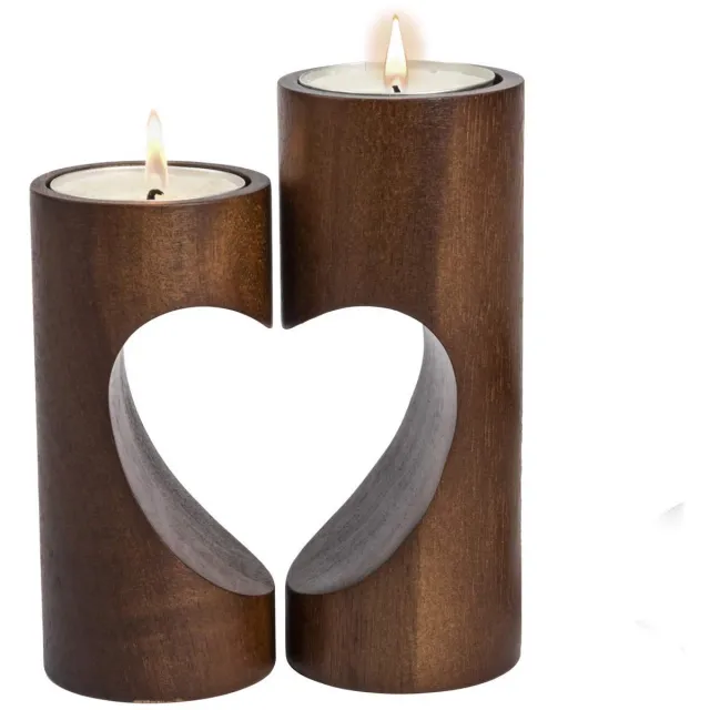 Famanu Kandelaar van hout, donker hout, set van 2 stuks, perfect voor sfeervolle verlichting Bruin
