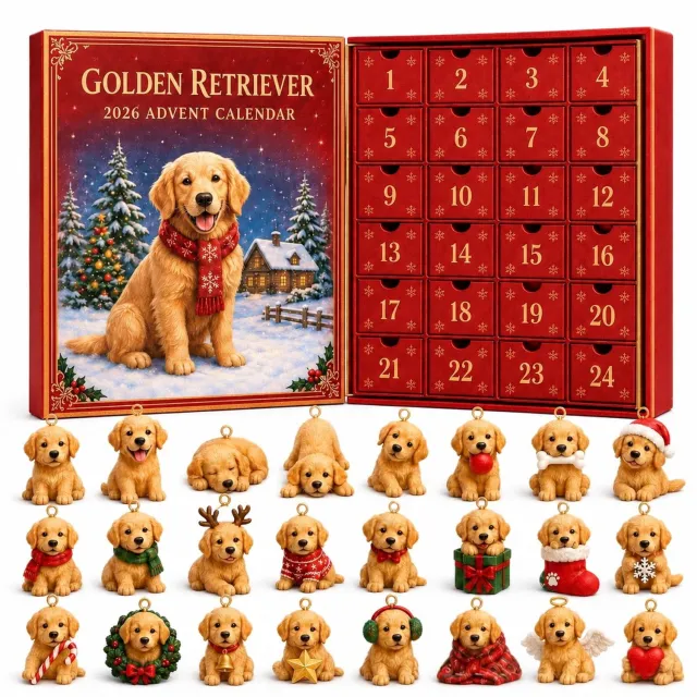 SWGOTA Adventskalender 2026 met 24 genummerde laden en 24 goldenretriever-hangdecoraties, boekvorm, 26 x 18 x 3 cm Rood