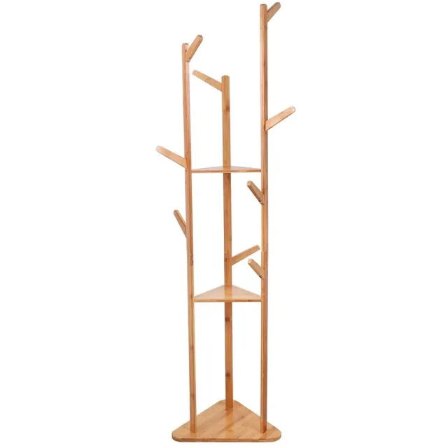 Klarven Kapstok - Bamboe - 9 Haken, 3 Planken voor Tassen en Sjaals - Stabiele Voet - Staand H 170 cm Bamboe / Naturel hout