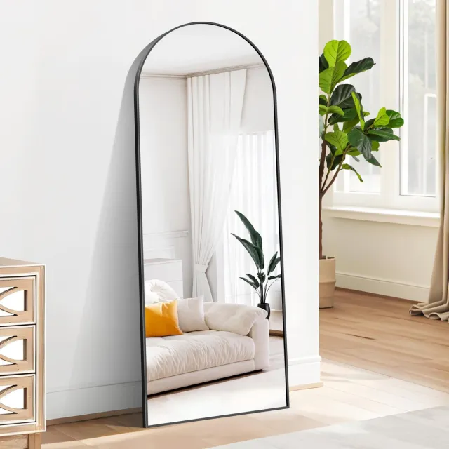 Famanu Staande spiegel van 165x60 cm, gebogen volledige lengte, zwarte vloer- en wandspiegel met standaard, geschikt voor woonkamer, slaapkamer en entree