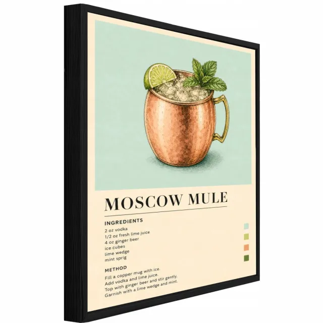 WALLARENA Schilderij op canvas met zwarte lijst - 120x80 cm - Moscow Mule cocktailrecept in retrostijl - voor keuken en thuisbar Beige