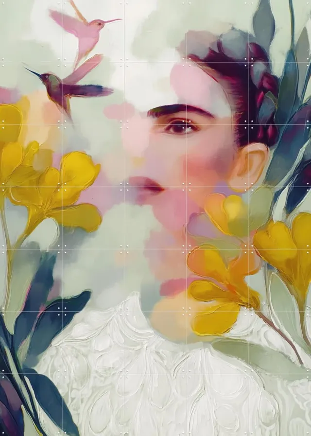 IXXI Frida Hummingbird Floral Portrait, Branka Kodžoman - 100 x 140 cm - Grote wanddecoratie en posters - Modern, Kleurrijk, Illustraties, Abstract Roze / Geel / Groen