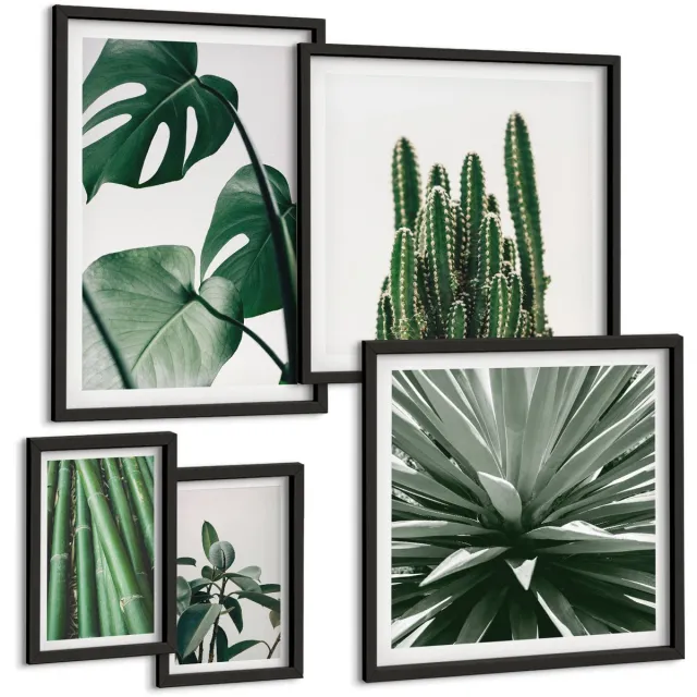 Coloray 5-Delige Schilderij Set - Groene Tropische Planten In Een Modern Interieurontwerp - 50 x 50 cm, 20 x 30 cm En 40 x 60 cm - Stijlvolle Wanddecoratie - Interieur - Woonkamer Decoratie Zwarte lijst