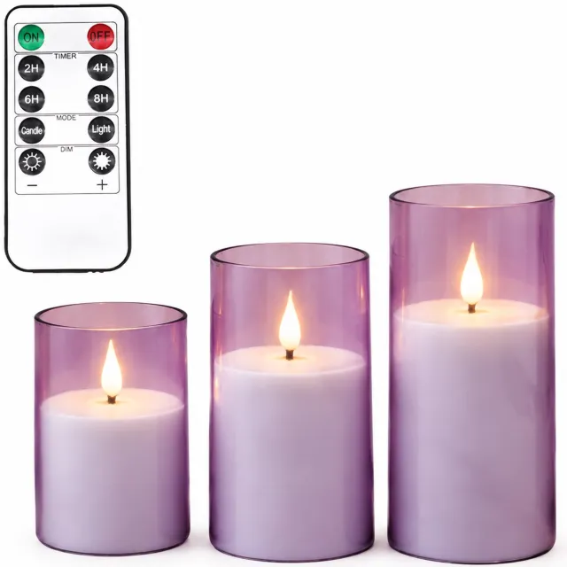 SWGOTA led kaarsen paars, 3 stuks per doos, met druppelvormige lichttop en afstandsbediening inclusief 1 knoopcelbatterij, voor bruiloften en verjaardagen