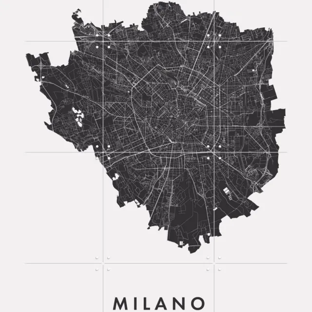 IXXI Milano City Map, Kunst in Kaart - 60 x 80 cm - Grote wanddecoratie en posters - Minimalisme, Grafisch Ontwerp, Technische Tekening, Slaapkamer Zwart / Zwart en wit / Monochroom