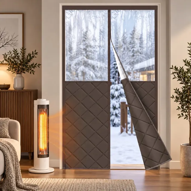 LAPAMAX Magnetische Isolerende Gordijnen met Groot PVC-Venster - 380GSM Gewatteerd Deurgordijn - Zelfsluitend, Zonder Boren - Dikke Gordijnen voor Terrasdeur en Hal - Bruin -2 Stuks - 90 x 210 cm (B x H) Bruin-2 stuks