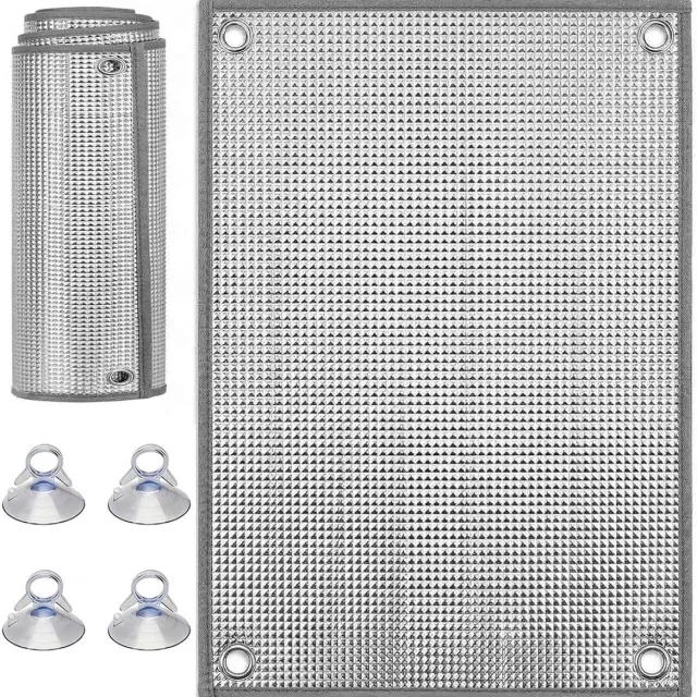 SNQ Zonweringgordijn - 1 Stuk - Aluminiumfolie Isolatiefolie voor Zomer - Reflecterende Raamfolie - Volledige Verduistering en Privacy - Met 4 Zuignappen - Geschikt voor Camper, Thuis en Kantoor - 70 x 100 cm Zilverkleurig