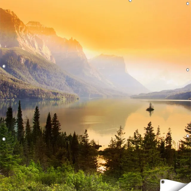 Gards Tuinposter Bergen met een Meer in Nationaal Park Glacier - 120x120 cm - Tuindoek - Tuindecoratie - Wanddecoratie buiten - Tuinschilderij Multikleur