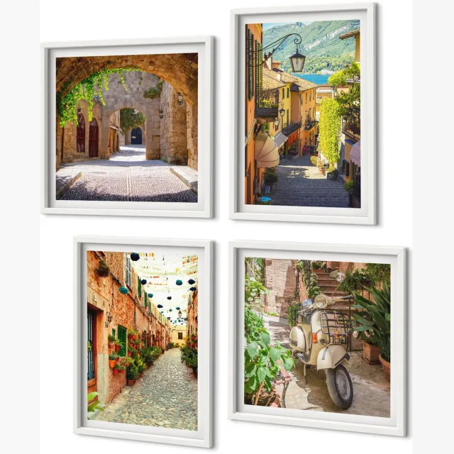 Coloray 4-Delige Schilderij Set - Sfeervolle Straatjes Met Planten En Italiaanse Pizza - 40 x 40 En 40 x 60 - Muurdecoratie - Wanddecoratie - Slaapkamer Witte lijst