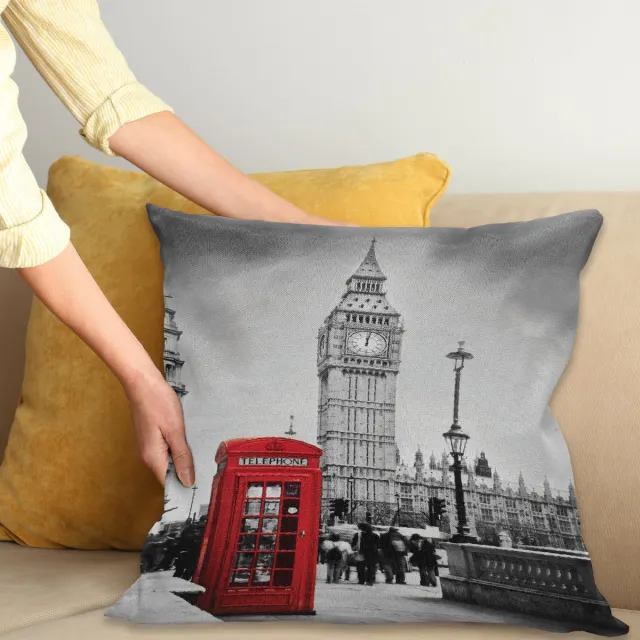 ABAKUHAUS London Kussenhoes, Telefonzelle Big Ben, Wasbare Sierkussenhoes voor Binnen/Buiten, Dubbelzijdige Print met Ritssluiting, 60 x 60 cm, Grijs Rood