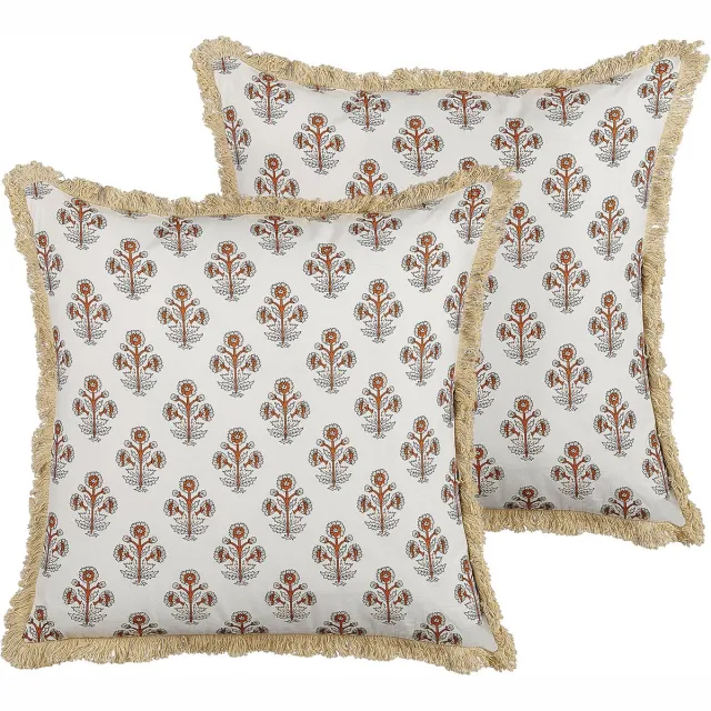 Beliani OMORIKA - Sierkussen set van 2 - Lichtbeige - 45 x 45 cm - Katoen Meerkleurig