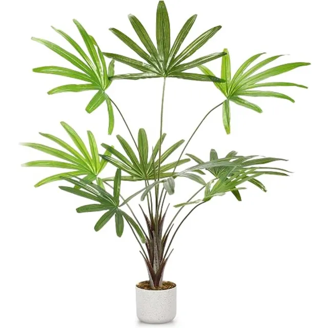 HOERFURIY Kunst Tropische Vingerpalm - 100cm, PEVA bladeren, flexibele steel inclusief pot voor binnen en overdekt buiten groen