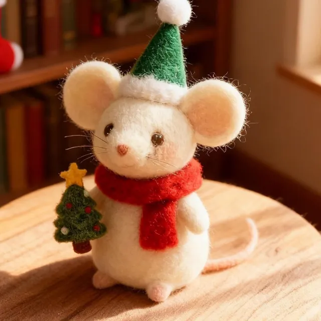 Huttutu Kerstversiering - Vilten Kerstmuis Met Rode Hoed - Handgemaakt Naaldvilten Ornament - Hangende Kerstboomdecoratie - 8x4x4 cm - Wit - 1 stuk