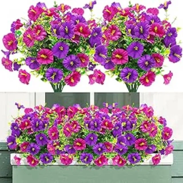 Famanu 4 Bundels kunstbloemen - kunstbloemen als echte - kunstmatige Petunia balkonplanten - lente bloemen kunstmatige - Plastic bloemen decoratie voor binnen buiten balkon tuin(Roze Paars) Roze Paars-4 Bundels