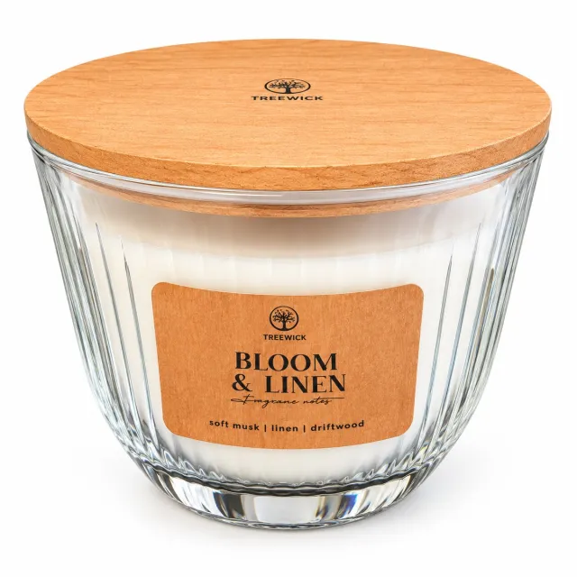 TreeWick geur kaars - Bloom en linen - Kaars in glas - kaars met houten lont room wit