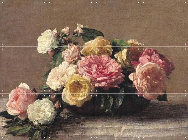 IXXI Roses in a Dish, Henri Fantin-Latour & Bridgeman Images - 80 x 60 cm - Grote wanddecoratie en posters - Klassiek, Realisme, Vintage, Olieverf Roze