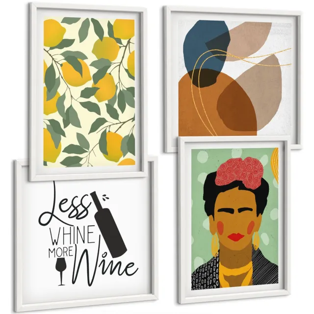 Coloray 4-Delige Schilderij Set - Citroenen Wijnfles Portret Van Frida Kahlo - 40 x 40 En 40 x 60 - Moderne Wanddecoratie - Slaapkamer Witte lijst