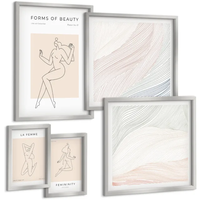 TULUP 4-Delige Schilderij Set - Prachtige vormen, lijnen en silhouetten in een minimalistische stijl. - 50 x 50 cm, 20 x 30 cm en 40 x 60 cm - Wanddecoratie - Moderne Interieurdecoratie - Woonkamer Decoratie Zilveren lijst